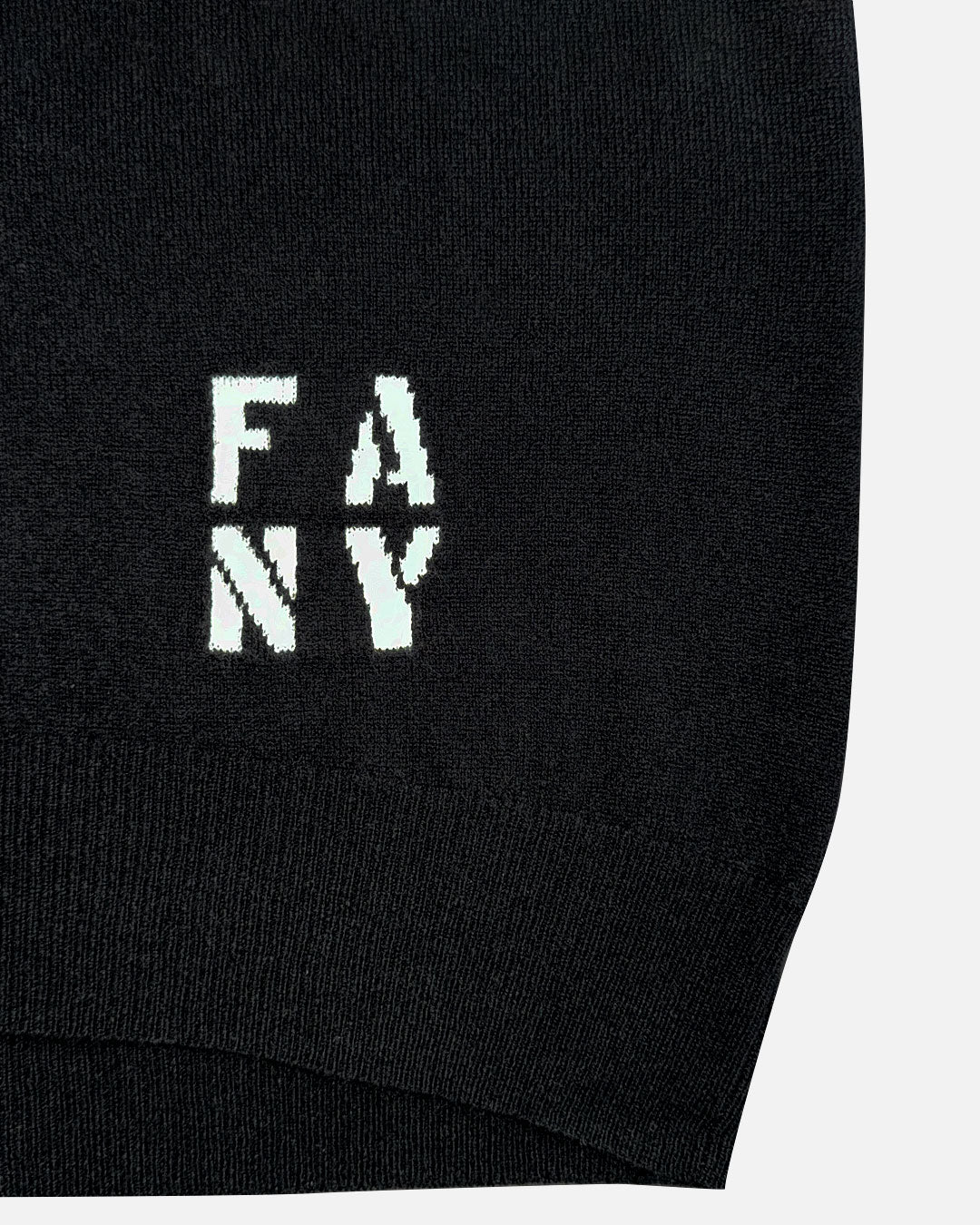 Close-up of FANY logo on cashmere hoodie — Free Agent N.Y.