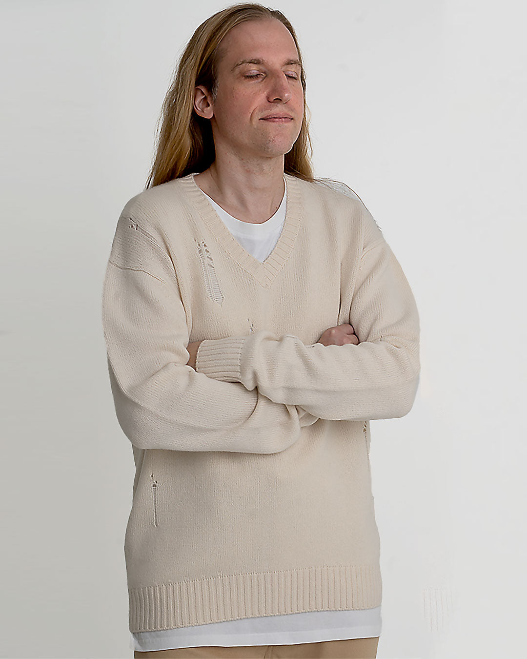 Model wearing oversized HOLY cashmere sweater  in cream — Free Agent N.Y.