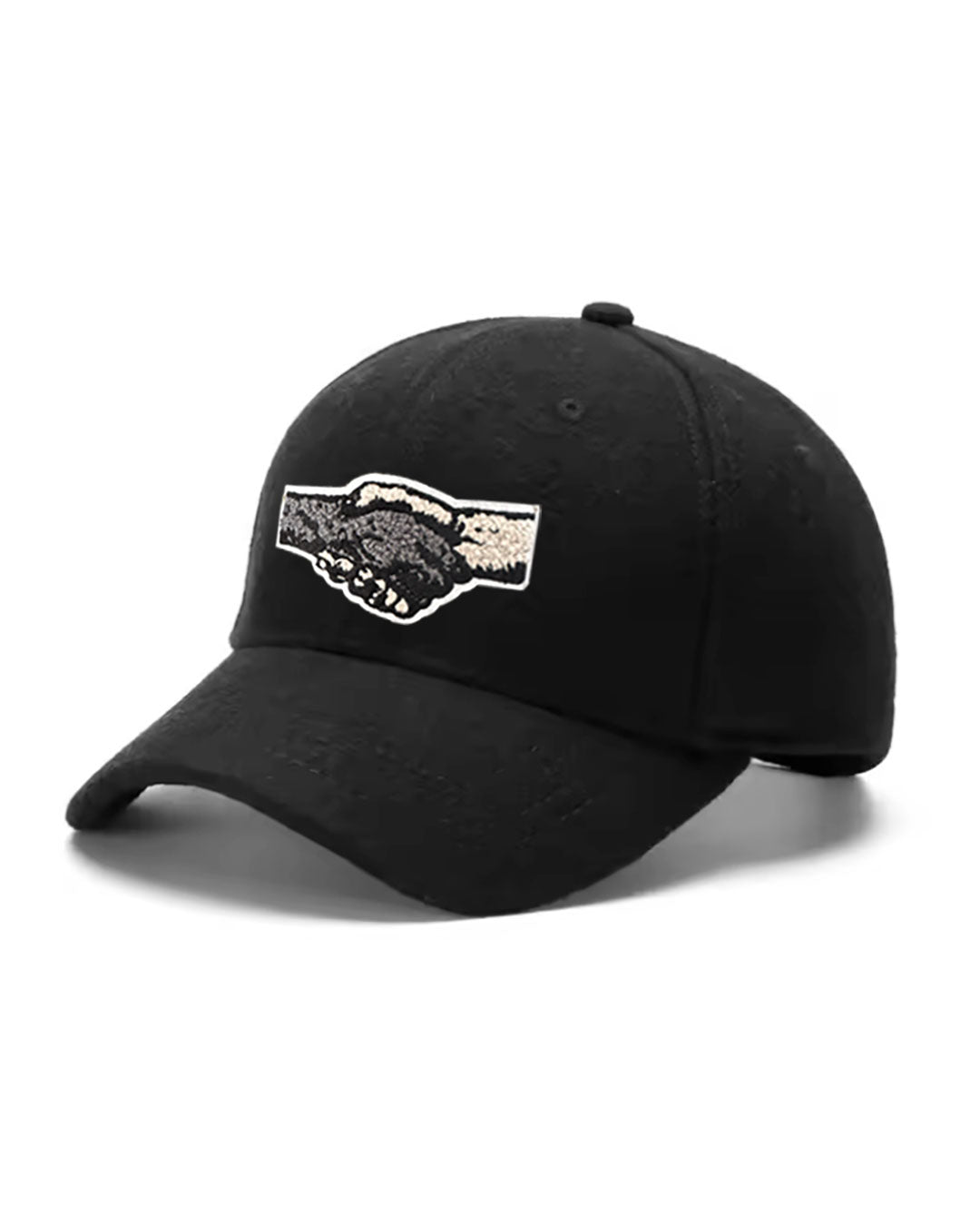 Side view of woven cashmere truckers cap with emblem — Free Agent N.Y