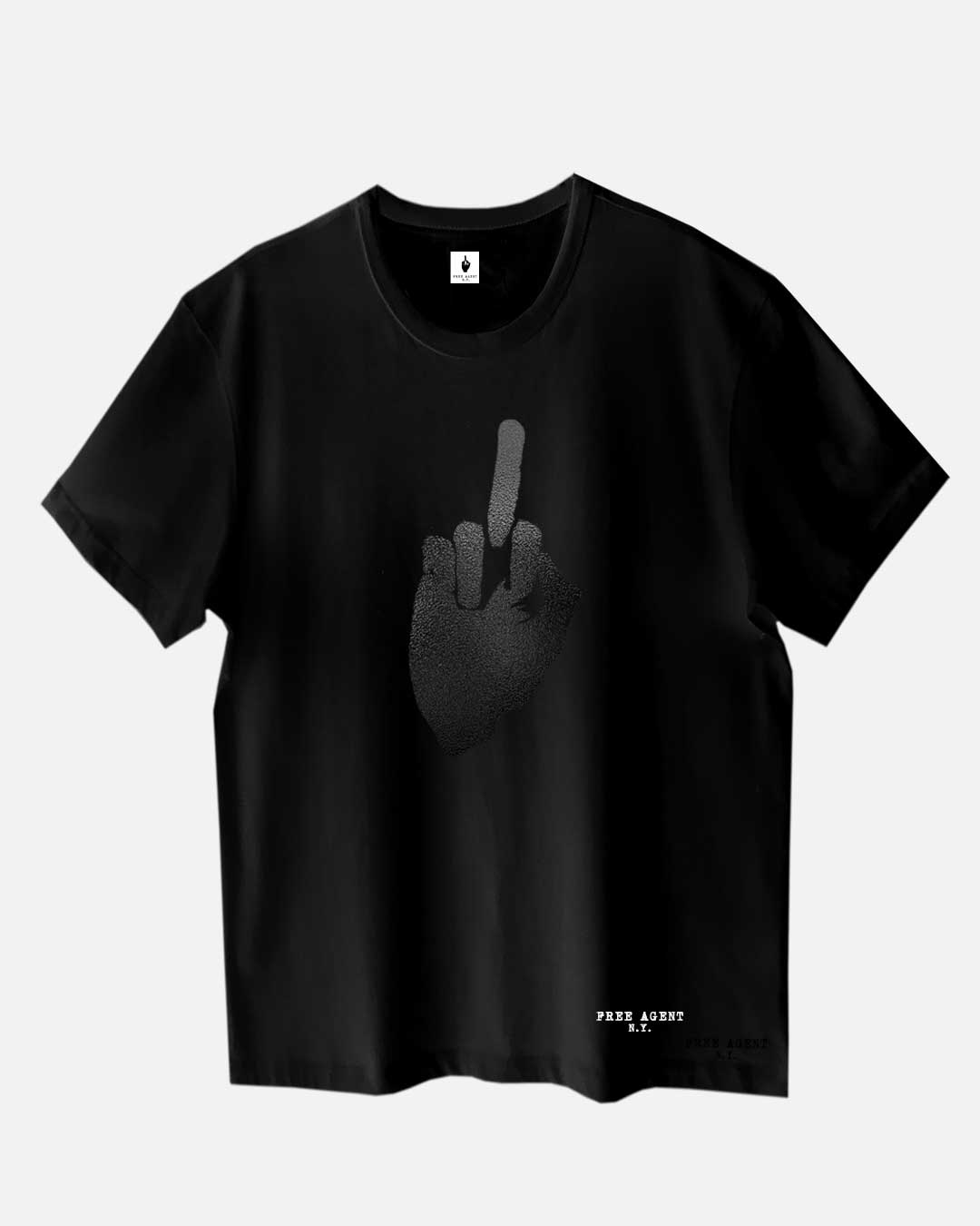 Free Agent N.Y.® Signature “FINGER” unisex, oversized, raw-edge T-Shirt.