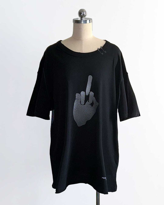 Free Agent N.Y.® Signature "FINGER" unisex, oversized, raw-edge T-Shirt displayed on a women's form. Accessories Included. 